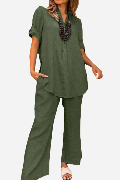 Dressed-up Casual: Short-Sleeved V-neck Top & Wide Trouser Suit