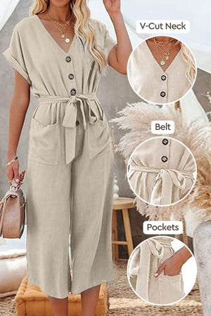 V-neck Lace-up Pocket Jumpsuit With Tie