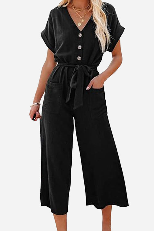 V-neck Lace-up Pocket Jumpsuit With Tie