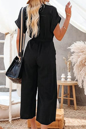 V-neck Lace-up Pocket Jumpsuit With Tie