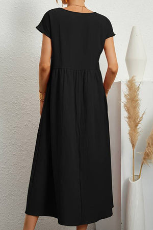 Capped-sleeve, Voluminous Pleated Midi Dress