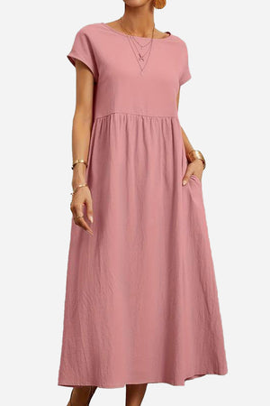 Capped-sleeve, Voluminous Pleated Midi Dress