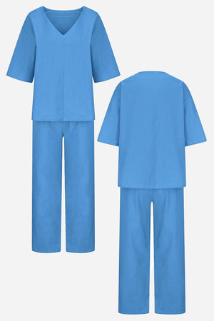 V-neck Cotton Two-Piece Trouser Set