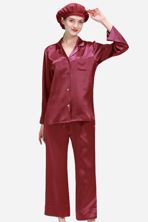 Classic Mulberry Silk Pajama Set with Sleep Cap