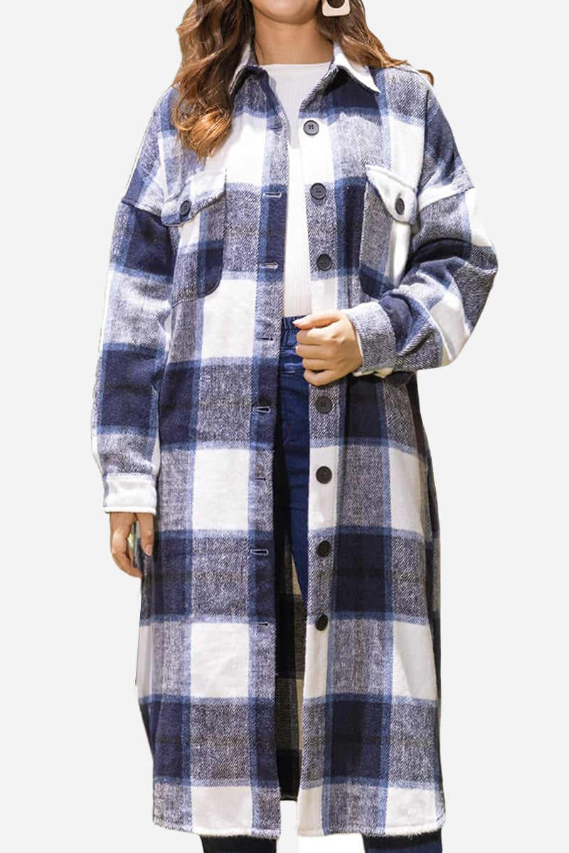 Oversized Medium-Length Blue Plaid Overshirt