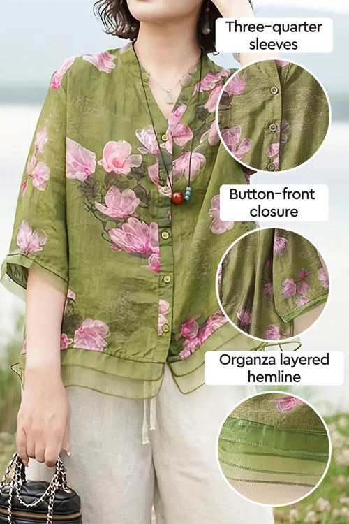 French Boutique Style Organza Floral Print Blouse