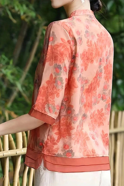 French Boutique Style Organza Floral Print Blouse
