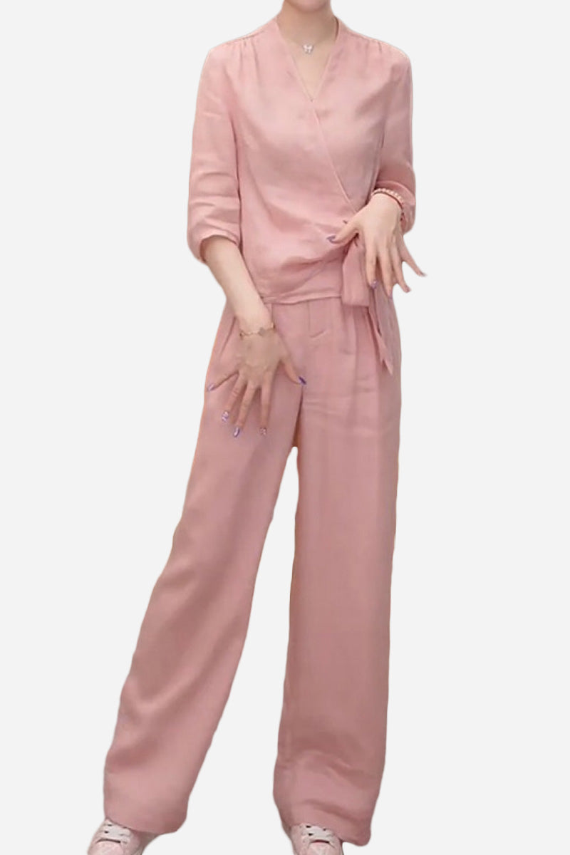 Breathable Cotton-Linen Wrap Top & Wide Leg Set