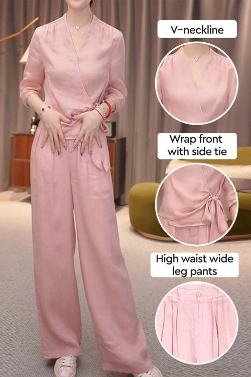 Breathable Cotton-Linen Wrap Top & Wide Leg Set