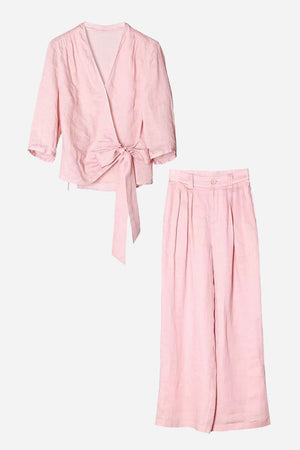 Breathable Cotton-Linen Wrap Top & Wide Leg Set