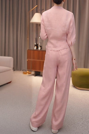 Breathable Cotton-Linen Wrap Top & Wide Leg Set