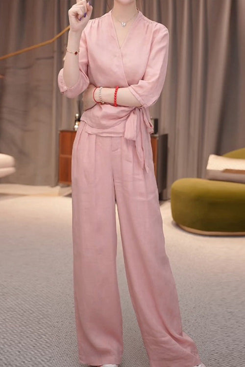 Breathable Cotton-Linen Wrap Top & Wide Leg Set